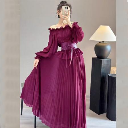 FA51143# 高端雪纺连衣裙女夏新款长袖气质收腰海边度假大摆长裙沙滩裙 服裝批發女裝批發服飾貨源