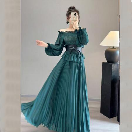 FA51143# 高端雪纺连衣裙女夏新款长袖气质收腰海边度假大摆长裙沙滩裙 服裝批發女裝批發服飾貨源