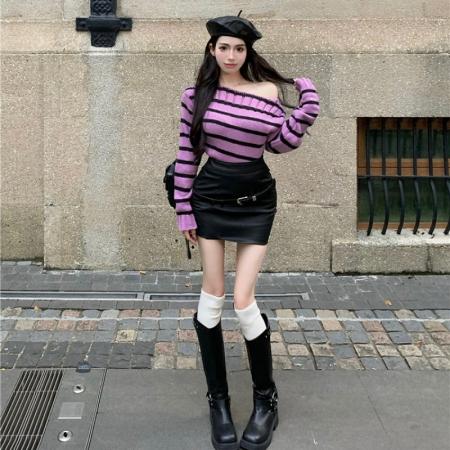FA51147# 休闲韩版条纹毛衣女露肩长袖针织衫高腰包臀皮裙两件套 服裝批發女裝批發服飾貨源