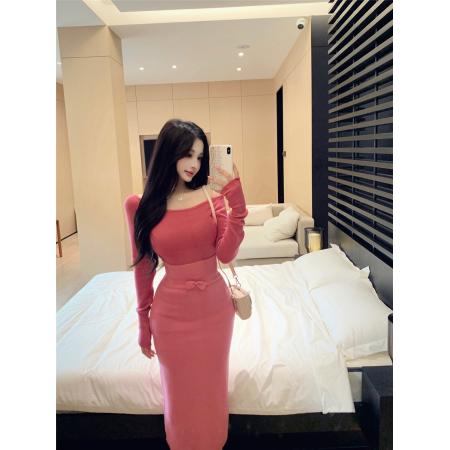 FA51149# 斜肩针织长袖上衣女粉色甜妹高腰半身裙套装秋季两件套 服裝批發女裝批發服飾貨源