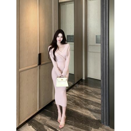 FA51150# 纯欲修身收腰包臀粉色连衣裙V领打底针织长裙 服裝批發女裝批發服飾貨源