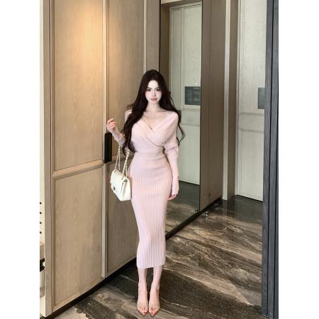 FA51150# 纯欲修身收腰包臀粉色连衣裙V领打底针织长裙 服裝批發女裝批發服飾貨源