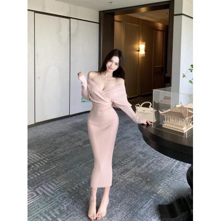 FA51150# 纯欲修身收腰包臀粉色连衣裙V领打底针织长裙 服裝批發女裝批發服飾貨源
