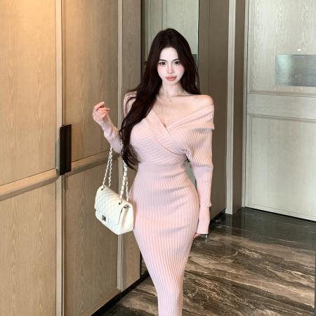 FA51150# 纯欲修身收腰包臀粉色连衣裙V领打底针织长裙 服裝批發女裝批發服飾貨源