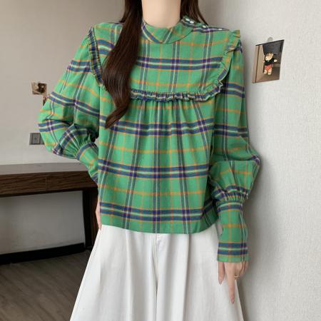 FA51151# 韩国chic复古荷叶边设计格纹休闲宽松长袖娃娃衫衬衫上衣 服裝批發女裝批發服飾貨源