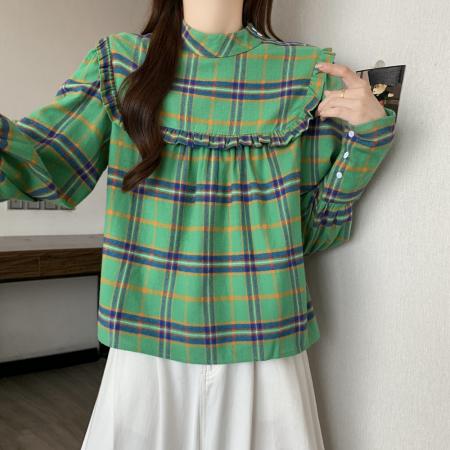 FA51151# 韩国chic复古荷叶边设计格纹休闲宽松长袖娃娃衫衬衫上衣 服裝批發女裝批發服飾貨源