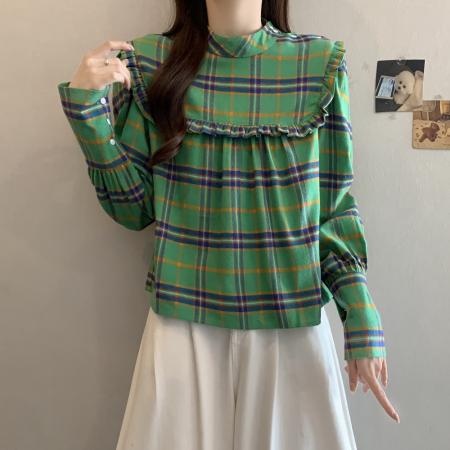 FA51151# 韩国chic复古荷叶边设计格纹休闲宽松长袖娃娃衫衬衫上衣 服裝批發女裝批發服飾貨源