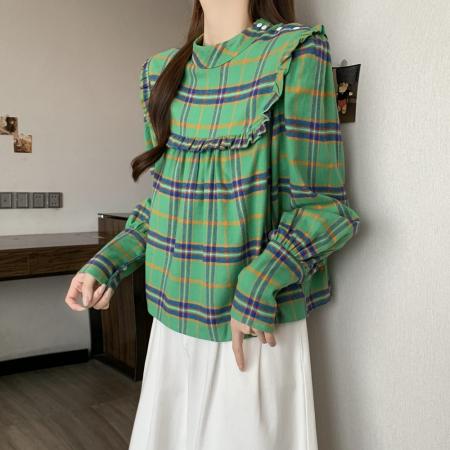 FA51151# 韩国chic复古荷叶边设计格纹休闲宽松长袖娃娃衫衬衫上衣 服裝批發女裝批發服飾貨源