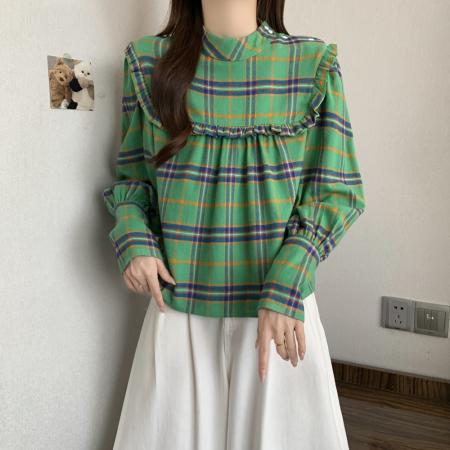 FA51151# 韩国chic复古荷叶边设计格纹休闲宽松长袖娃娃衫衬衫上衣 服裝批發女裝批發服飾貨源