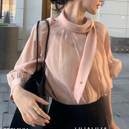 FA51152# 秋季百搭女欧尼韩系圆领飘带领时尚粉色气质长袖衬衫女 服裝批發女裝批發服飾貨源