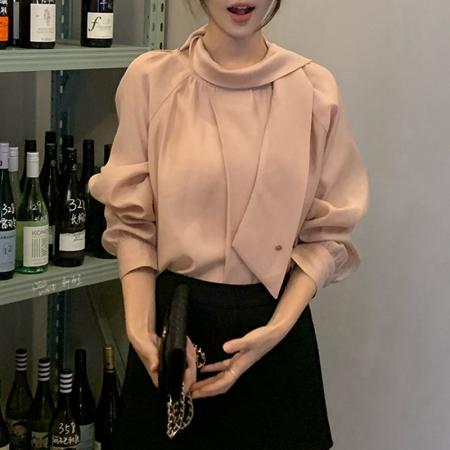 FA51152# 秋季百搭女欧尼韩系圆领飘带领时尚粉色气质长袖衬衫女 服裝批發女裝批發服飾貨源