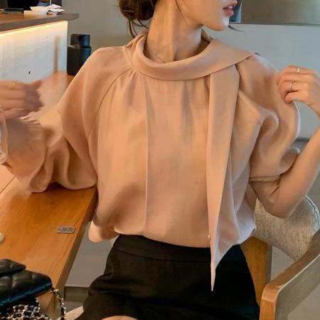 FA51152# 秋季百搭女欧尼韩系圆领飘带领时尚粉色气质长袖衬衫女 服裝批發女裝批發服飾貨源