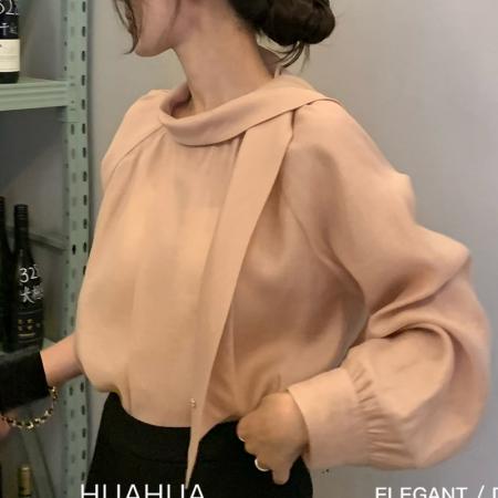 FA51152# 秋季百搭女欧尼韩系圆领飘带领时尚粉色气质长袖衬衫女 服裝批發女裝批發服飾貨源