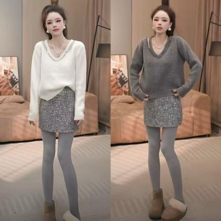 FA51156# 法式v领长袖针织衫女新款春秋款重工钉钻设计感洋气减龄上衣 服裝批發女裝批發服飾貨源