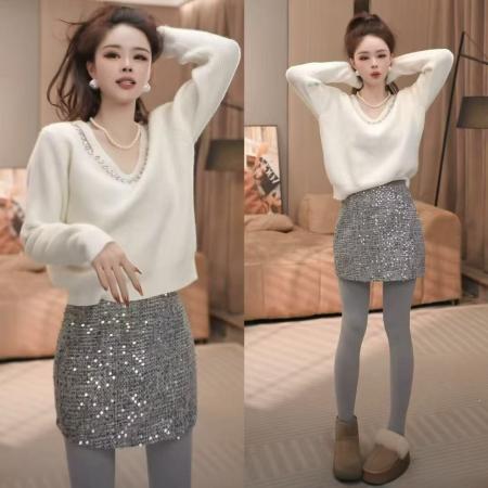 FA51156# 法式v领长袖针织衫女新款春秋款重工钉钻设计感洋气减龄上衣 服裝批發女裝批發服飾貨源