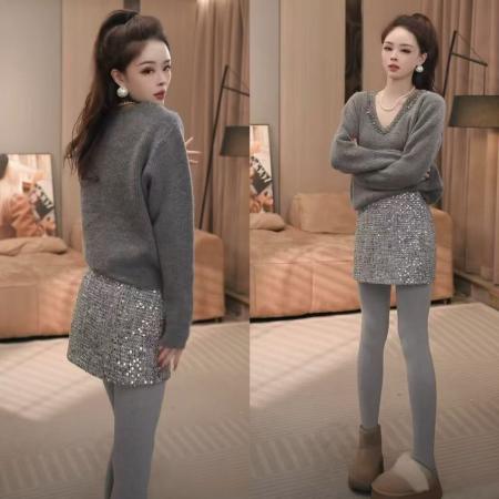 FA51156# 法式v领长袖针织衫女新款春秋款重工钉钻设计感洋气减龄上衣 服裝批發女裝批發服飾貨源