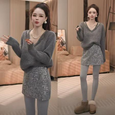 FA51156# 法式v领长袖针织衫女新款春秋款重工钉钻设计感洋气减龄上衣 服裝批發女裝批發服飾貨源