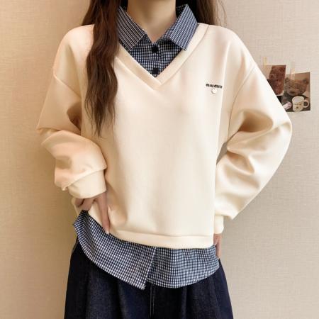 FA51158# 大码长袖加厚保暖翻领假两件卫衣百搭高级设计感显瘦上衣女装 服裝批發女裝批發服飾貨源#