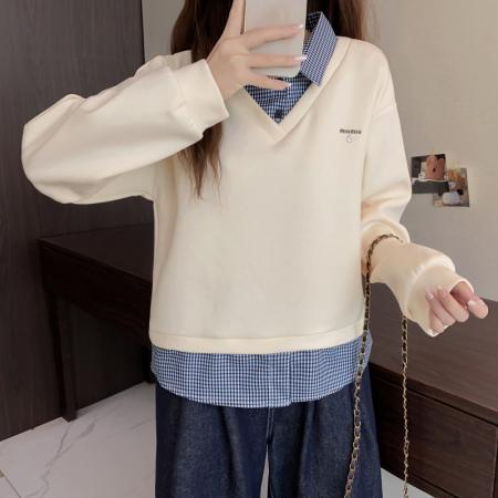 FA51158# 大码长袖加厚保暖翻领假两件卫衣百搭高级设计感显瘦上衣女装 服裝批發女裝批發服飾貨源#