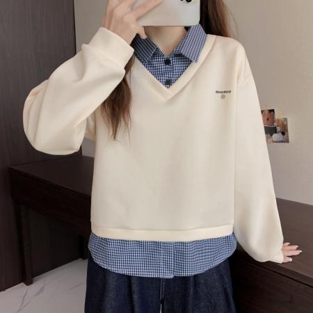 FA51158# 大码长袖加厚保暖翻领假两件卫衣百搭高级设计感显瘦上衣女装 服裝批發女裝批發服飾貨源#