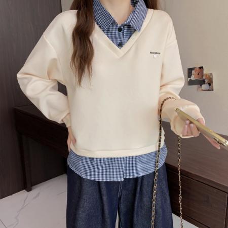 FA51158# 大码长袖加厚保暖翻领假两件卫衣百搭高级设计感显瘦上衣女装 服裝批發女裝批發服飾貨源#