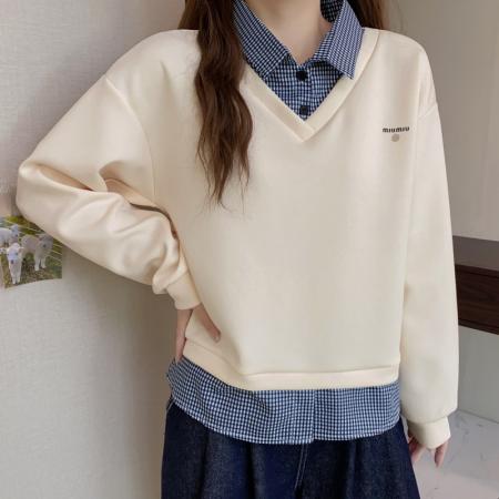 FA51158# 大码长袖加厚保暖翻领假两件卫衣百搭高级设计感显瘦上衣女装 服裝批發女裝批發服飾貨源#