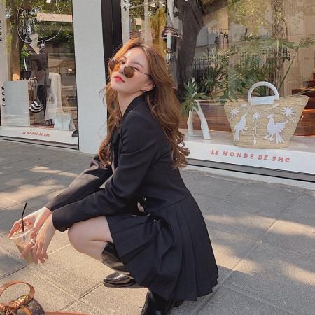 FA51160# 女新款气质女神范设计感长袖双排扣西装连衣裙外套拼接百褶裙 服裝批發女裝批發服飾貨源