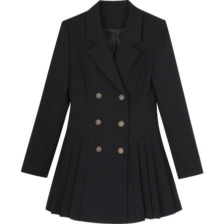 FA51160# 女新款气质女神范设计感长袖双排扣西装连衣裙外套拼接百褶裙 服裝批發女裝批發服飾貨源