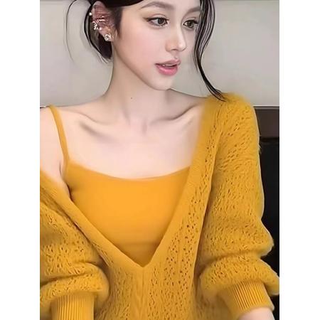 FA51163# 镂空毛衣女深冬装韩系轻熟风炸街独特漂亮v领针织罩衫两件套 服裝批發女裝批發服飾貨源