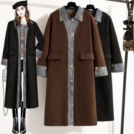 FA51164# 南岛风大码女装胖mm遮肚子毛毛拼接牛仔毛呢外套秋冬宽松大衣 服裝批發女裝批發服飾貨源