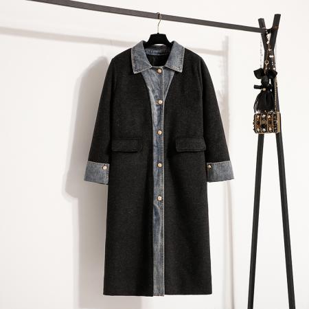 FA51164# 南岛风大码女装胖mm遮肚子毛毛拼接牛仔毛呢外套秋冬宽松大衣 服裝批發女裝批發服飾貨源