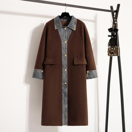 FA51164# 南岛风大码女装胖mm遮肚子毛毛拼接牛仔毛呢外套秋冬宽松大衣 服裝批發女裝批發服飾貨源