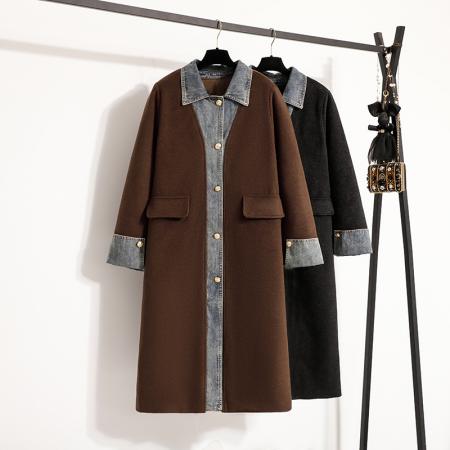 FA51164# 南岛风大码女装胖mm遮肚子毛毛拼接牛仔毛呢外套秋冬宽松大衣 服裝批發女裝批發服飾貨源