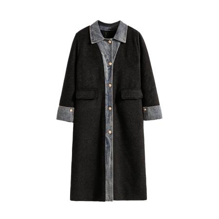 FA51164# 南岛风大码女装胖mm遮肚子毛毛拼接牛仔毛呢外套秋冬宽松大衣 服裝批發女裝批發服飾貨源