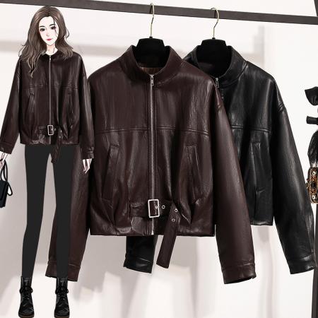 FA51165# 秋冬女士意法档口款收腰短款皮衣大码时尚机车夹克潮酷风外套 服裝批發女裝批發服飾貨源