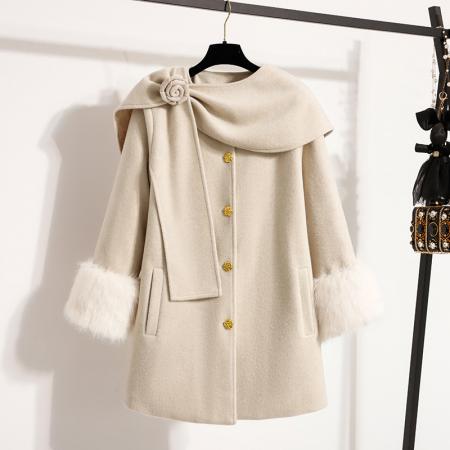 FA51166# 杨小卷富家千金狐狸毛袖羊毛白色大衣大码小香风双面呢外套 服裝批發女裝批發服飾貨源