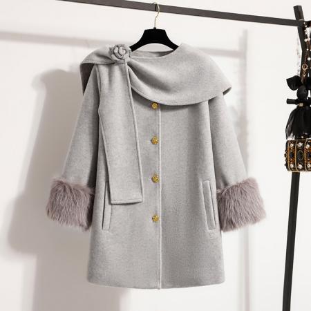 FA51166# 杨小卷富家千金狐狸毛袖羊毛白色大衣大码小香风双面呢外套 服裝批發女裝批發服飾貨源