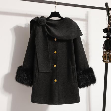 FA51166# 杨小卷富家千金狐狸毛袖羊毛白色大衣大码小香风双面呢外套 服裝批發女裝批發服飾貨源