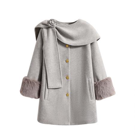 FA51166# 杨小卷富家千金狐狸毛袖羊毛白色大衣大码小香风双面呢外套 服裝批發女裝批發服飾貨源