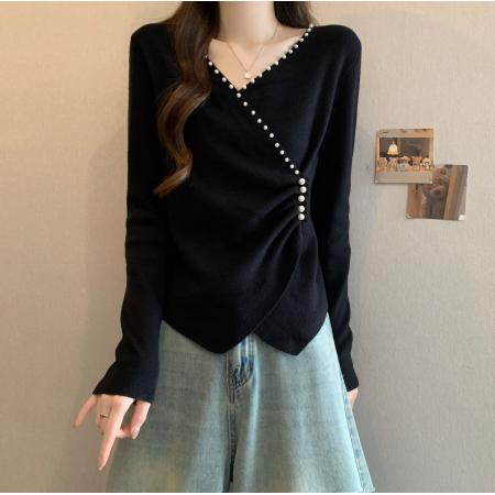 FA51167# 大码秋冬法式V领长袖T恤上衣女胖MM温柔风珍珠百搭针织打底衫 服裝批發女裝批發服飾貨源