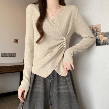FA51167# 大码秋冬法式V领长袖T恤上衣女胖MM温柔风珍珠百搭针织打底衫 服裝批發女裝批發服飾貨源