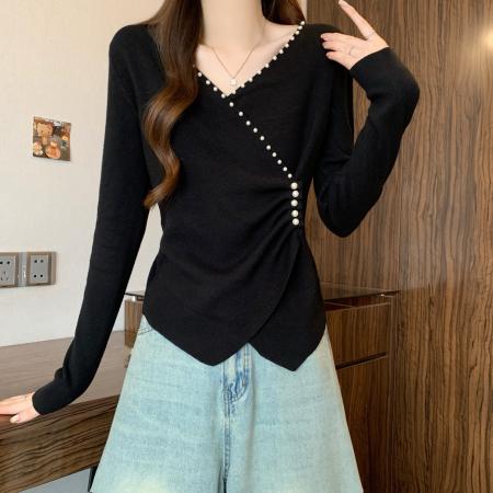 FA51167# 大码秋冬法式V领长袖T恤上衣女胖MM温柔风珍珠百搭针织打底衫 服裝批發女裝批發服飾貨源