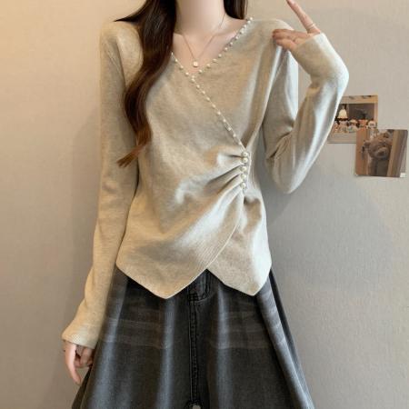 FA51167# 大码秋冬法式V领长袖T恤上衣女胖MM温柔风珍珠百搭针织打底衫 服裝批發女裝批發服飾貨源