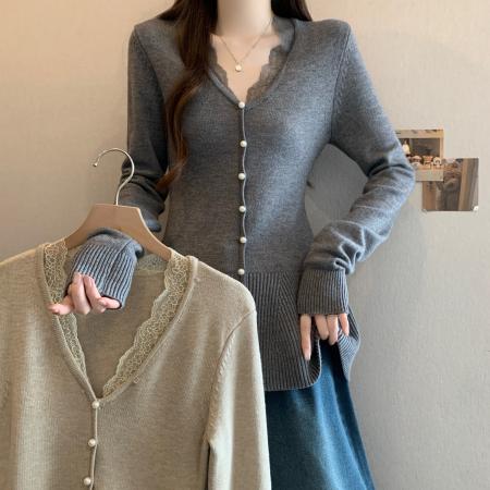 FA51169# 大码蕾丝边V领正肩针织衫女秋冬胖MM百搭遮胯显瘦打底衫上衣 服裝批發女裝批發服飾貨源