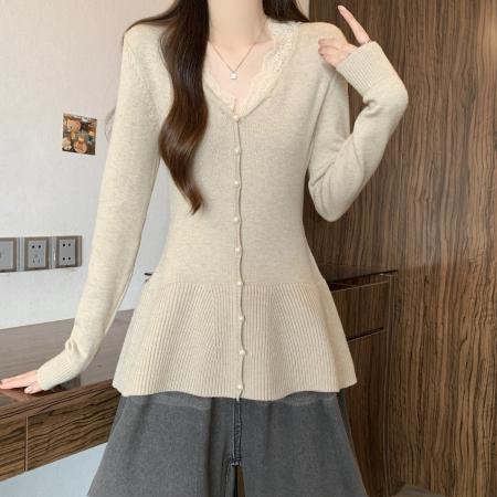 FA51169# 大码蕾丝边V领正肩针织衫女秋冬胖MM百搭遮胯显瘦打底衫上衣 服裝批發女裝批發服飾貨源