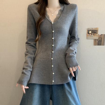 FA51169# 大码蕾丝边V领正肩针织衫女秋冬胖MM百搭遮胯显瘦打底衫上衣 服裝批發女裝批發服飾貨源