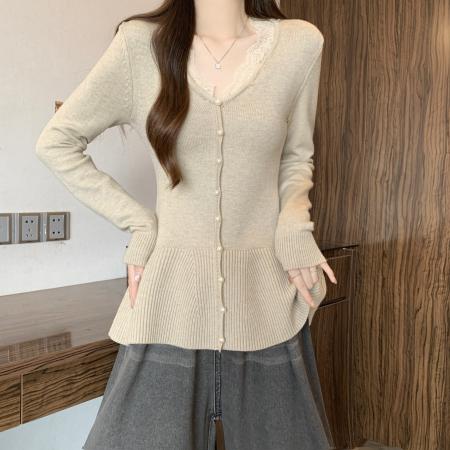 FA51169# 大码蕾丝边V领正肩针织衫女秋冬胖MM百搭遮胯显瘦打底衫上衣 服裝批發女裝批發服飾貨源