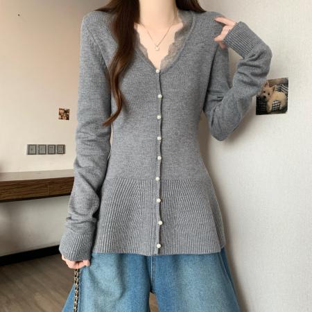 FA51169# 大码蕾丝边V领正肩针织衫女秋冬胖MM百搭遮胯显瘦打底衫上衣 服裝批發女裝批發服飾貨源