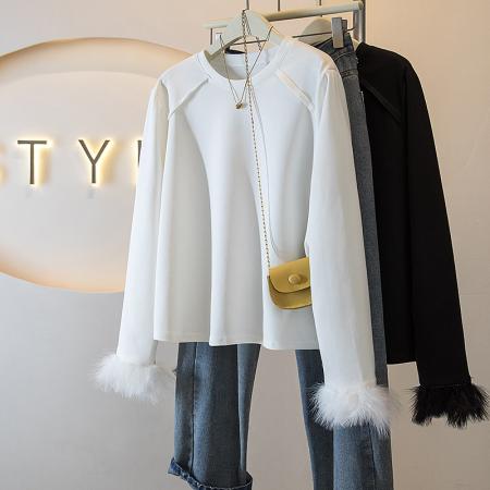 FA51171# 大码女装新款韩版胖MM高级感潮流毛毛袖中式气质显瘦修身上衣 服裝批發女裝批發服飾貨源