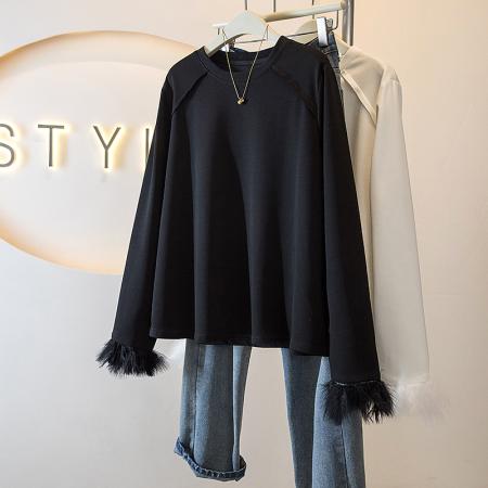 FA51171# 大码女装新款韩版胖MM高级感潮流毛毛袖中式气质显瘦修身上衣 服裝批發女裝批發服飾貨源